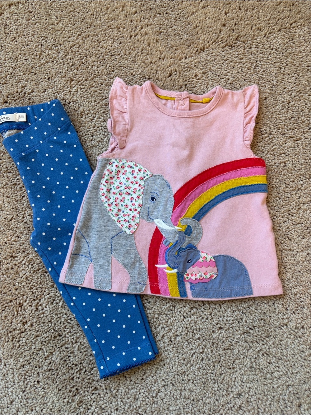Baby Boden pink Elephant Rainbow Tunic with Blue Polka Dot Leggings